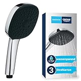 GROHE Vitalio 110, Duschkopf wassersparend, 8l pro Min (Handbrause 3 Strahlarten, per Drehregler verstellbar, Universalanschluss, Silikonring schützt Duschbrause bei Stürzen), eckig, chrom, 26092001