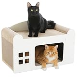 PAWZ Road Kratzbrett für Katzen, Katzenhöhle mit Kratzbrett, Katzenhaus Indoor aus Pappe, Kratzpappe für Katzen, Kratzpad Lounge, Langlebiges Katzenspielzeug 55 x 28 x 35 cm, Weiß