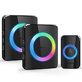 VOXON Funkklingel Kabellose Türklingel, 400m Reichweite Funk Set mit 2 Plug-In-Empfängern und 1 Sender, IP65 Wasserdicht Klingel Haustür Außenbereich, 60 Melodien Doorbell, (Schwarz RGB-Licht)