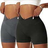 Vertvie Damen 2/3/5 Pack Gym Shorts V Cross Scrunch Butt Push Up Yoga Shorts Stretch Fitness Hosen High Waist Nahtlos Kurz Leggings Butt Lift Workout Booty Sportshorts (2pc Schwarz/Dunkelgrau, M)