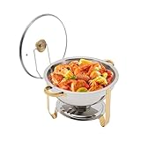 Edelstahl Chafing Dish Rund, 5L Speisenwärmer Buffetwärmer Wärmebehälter mit Glas-Sichtdeckel und Deckelhalter für Hotel Catering Buffet Hochzeit und Pa (Gold)