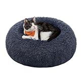 Feandrea Hundebett flauschig, Katzenbett, Donut Kissen, waschbar, Polsterung in der Mitte herausnehmbar, Langer Plüsch, 40 cm Durchmesser, dunkelgrau PGW036G02