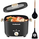 Audecook Elektrischer Hot Pot, 2.5L Tragbare Multikocher für 1-3 Personen, Antihaftbeschichtung mit Wabentextur, Elektrischer Reisetopf Wokpfanne für Steak/Nudeln/Suppe/Ei (Schwarz)