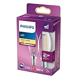 Philips LED Classic E14 Lampe, 40 W, Kerzenform, dimmbar, klar, warmweiß, Doppelpack, 2 Stück (1er Pack)