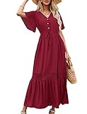 KOJOOIN Damen Sommerkleid Spitze Kurzarm Maxikleider Boho Strandkleid lang Rüschen Volant Kleid V-Ausschnitt Freizeitkleid mit Knöpfen Partykleid (Verpackung MEHRWEG), A-Weinrot, XXL