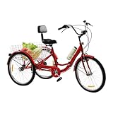 awolsrgiop Dreirad für Erwachsene 24 Zoll Klappbar, 3 Räder 7 Gang Adult Fahrrad Erwachsenendreirad Dreirad Fahrrad Tricycle Fahrrad Cruise Bikes Mit LED Licht Gemüsekorb Becherhalter (Rot)