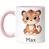 Kindertasse mit Namen Personalisiert, Personalisierte Tasse Kinder mit Tiger, Namenstasse Tigertasse, Kinderbecher als Geschenk zur Geburt, Taufe Weihnachten - Tasse Rosa