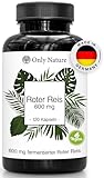 Only Nature® Roter Reis 600 mg - Hochdosiert - 120 Kapseln - in Deutschland produziert & Laborgeprüft - 100% Vegan - Rotes Reismehl