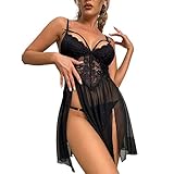 ROSVAJFY Sexy Transparentes Nachthemd Mesh Dessous, Babydoll Damen Spitze Durchsichtig Nachtwäsche V-Ausschnitt Lingerie Reizwäsche Kleid Unterwäsche mit Spaghettiträgern (Schwarz)