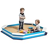 AIYAPLAY Sandkasten 133 x 108 cm Sandkiste aus Holz Sandbox mit Sitzbank, Bodenschutzfolie für 4 Kinder 3-7 Jahre Blau