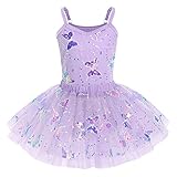 IWEMEK Mädchen Ballettkleid Ärmellos Pailletten Schmetterling Balletttrikot Ballettanzug Tanzkleid Tanzbody Top mit Tütü Rock Ballettrock 2tlg Kinder Ballettkleidung Gymnastik Violett 5-6 Years