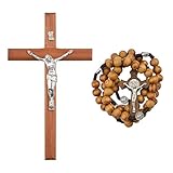 CRAFFANCY Kruzifix Kreuz Set, Holzkreuz Halskette Kruzifix Brustanhänger Kruzifix Wand Kreuz katholische Kreuze mit Holzrosenkranz für Heimdekoration