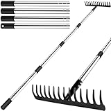 Harke Garten mit Stiel, Gartenrechen aus Metall mit 14 Zinken, Laubrechen mit Edelstahl Stiel zum Lockern von Boden und Nivellieren von Rasen, Gartenzubehör Rasenrechen Robuste