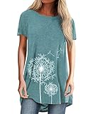 Onsoyours Tunika Damen Sommer Longshirt Kurzarm Pusteblume Bedruckte Tshirts Rundhals Oberteile LäSsig Lang Top A Grün 3XL