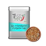 Tasty Pott Bio Pyramidenflocken - Chili - I Chilisalz I Rotes Salz I Salzflocken I Meersalz I Salzen I Gewürz I Würzen I Pyramidensalz in der Dose 85g