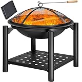 Gardebruk® Feuersschale mit Funkenschutz Abdeckung Schürhaken Rund Ø 55cm Holz Ablage Stahl Schwarz Feuerstelle Feuerkorb Garten Terrasse Kamin Grill