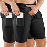 Niksa 2er Pack Herren 2 in 1 Shorts Schnelltrocknende Sporthose Herren Kurz 7' Atmungsaktiv Laufshorts mit Handytasche Sport Shorts, Schwarz, M