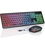 Tastatur Maus Set Kabellos Beleuchtete, wiederaufladbar & Automatischer Schlaf, verstellbare Höhe, 2,4 GHz LED leise USB-A & USB-C Funktastatur mit Maus, für Mac OS/Windows/PC/Laptop-Schwarz, QWERTZ