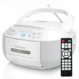 Greadio Boombox CD Player Tragbar, Kassettenspieler mit Bluetooth, FM Radio mit Fernbedienung, AUX-/USB-Wiedergabe, Kassettenrekorder, AC-Kabel/Batteriebetrieb, LCD-Bildschirm für Kinder (White)