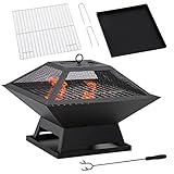 Outsunny Feuerschale 45 x 45 x 34cm aus Edelstahl Feuerstelle mit Funkenschutz Schürhaken Feuerschalen Feuerkorb für Garten, Balkon, BBQ Camping Schwarz