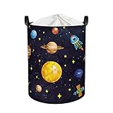 Clastyle 45L Schwarz Wäschekorb Kinder mit Universum, Planet, Raketen, Stern - Rund Wäschekorb Faltbar für Kinderzimmer - Perfekt Aufbewahrungskorb zum Aufbewahren von Spielzeug, 36x45 cm