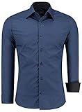 J'S FASHION Herren-Hemd - Slim-Fit - Langarm-Hemd Freizeithemd - Pflegeleicht Bügelleicht - Navyblau L