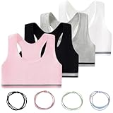 WUSANNA 4 Stück Bustier Mädchen,Bustier Damen Baumwolle,Mädchen Bustier,Kinder BH,Bustier Mädchen BH,BH Mädchen,Mädchen-BHS Mit 4 Stück Haargummi, Sport Bustier Für 6-12 Jahre (M 35-45kg)