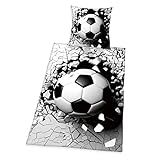 Klaus Herding 3D Effekt Bettwäsche-Set, Fußball, Kopfkissenbezug 80 x 80 cm, Bettbezug 135 x 200 cm, Mit leichtläufigem Reißverschluss, 100% Baumwolle/Renforcé, Grau/Weiß, 4459287050412