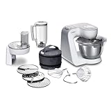 Bosch Küchenmaschine Serie 4 MUM58W20, Edelstahl-Schüssel 3,9 L, Mixer 1,25 L, Planetenrührwerk, Knethaken, Schlag- und Rührbesen Edelstahl, Durchlaufschnitzler, 3 Scheiben, 1000 W, Weiß
