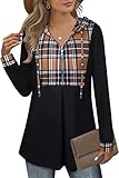 Siddhe Pullover Damen Hoodie 1/4 Zip Farbblock Sweatshirt Kapuzenpullover Tunika Langarm Oberteile,Khaki Plaid XXL