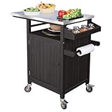 INFANZIA Outdoor Grillwagen, Grill Beistelltisch mit Räder, 3 Etagen Solidholz Pizzatisch mit Stauraum für den Außenbereich, Garten Servierwagen Kochtisch mit Edelstahl Arbeitsplatte für Grill, Party