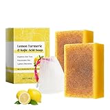 KojicAcid Soap, Kurkuma Seife, Lemon Turmeric Soap, Kernseife Natur für Gesicht und Körper, CurcumaSeife Stück für Frauen, Aufhellend und Antioxidativ Seife Mit Praktische Seifenbeutel (2)