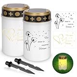 YYSWSAKY 2er Pack Solar Grablicht für Draußen, LED Grablicht mit Erdspieß und 4 Aufkleber, Grableuchten Wetterfest, Solarbetrieben Friedhofskerze Grabkerze mit dämmerungssensor(7cm x 12 cm).