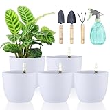 DENUOTOP Selbstwässernder Blumentopf mit Wasseranzeiger Weiß 5er-Set, 15cm Selbstbewässerung Wasserspeicher Pflanzgefäß Übertopf für Innen und Außenbereich