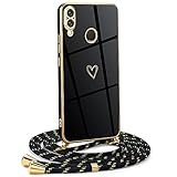 Mkej Frauen Mädchen Handykette Kompatibel mit Huawei P20 Lite - Silikon Hülle mit Band - Handyhülle für Huawei P20 Lite Herz Love Design Galvanik - Hülle mit Kordel in schwarzes Gold