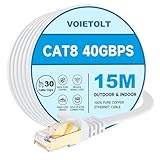 VOIETOLT Cat8 Lan Kabel 15M mit Clips, 40Gbps/2000MHz Flach Schirmung Hochgeschwindigkeit Netzwerkkabel, STP RJ45 Gigabit Cat-8 Ethernet Kabel für PS4/5, für Modem, für Router (weiß)