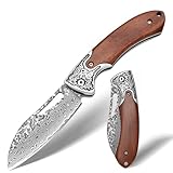 SPITZKANTE Taschenmesser Damast, 42a-konformes Zweihandmesser aus 67 Lagen handgeschmiedetem VG10-Damaststahl, Zweihand Klappmesser mit Holzgriff