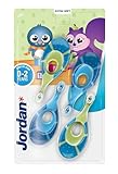 Jordan ® | Step 1 Baby Zahnbürste | Baby Zahnbürste 0-2 Jahre | Die Original Kleinkindzahnbürste mit extra weichen Borsten und weichem Beißring für Babygummis und Easy Grip | Blau und Grün | 4-pack