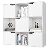 FirFurd Bücherregal, Regal weiß, Bücherschrank mit 5 Türen 9 Fächern, Aufbewahrungsregal, Büroregal für Wohnzimmer Arbeitszimmer 90 x 29 x 90 cm