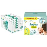 Pampers Aqua Pure Baby Feuchttücher, 864 Tücher (18 x 48) Mit 99% Purem Wasser & Baby Windeln Größe 1 (2-5kg) Premium Protection, Newborn, 96 Stück, HALBMONATSBOX