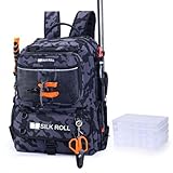 SILK ROLL Angelrucksack mit Rutenhalter und 4 mitgelieferten 3600 Köderboxen – wasserdichter Angelrucksack für ultimative Organisation und Aufbewahrung von Ausrüstung (graues Camo)