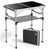 Anbte Campingtisch Klappbar 58x40cm Aluminium Silber-Rahmen Picknicktisch 3 Höhen Verstellbar 26/48/67cm MDF-Tischplatte mit Aufbewahrungsnetz Klapptisch für Camping Strand Balkon (Schwarz)
