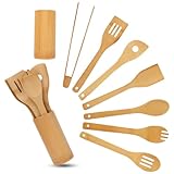 Kayuneed 8 Stück Kochlöffel Set, Bambus Kochutensilien Set mit Utensilienhalter, Küchenhelfer aus Holz, Holz Kochbesteck für Einzugsgeschenke, Langlebige und Gesunde Küchenutensilien