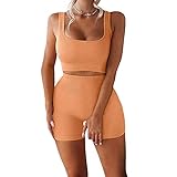 Nahtlose Yoga-Outfits für Frauen, 2 Stück gerippte Workout-Sets Hohe Taille Leggings Shorts mit Tank Crop Top Sport Bar Gym Sets Trainingsanzug Sportbekleidung Gr. 36, Orange