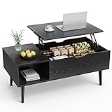 Sweetcrispy Couchtisch Höhenverstellbar, Tisch Wohnzimmertisch, offener und versteckter Stauraum Couchtisch, Sofatisch Beistelltisch, 100 x 50 cm Sofatisch aus Holz für Wohnzimmer, Schwarz
