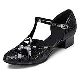 Minitoo qj6133 Damen Geschlossen Zehen High Heel PU Leder Glitzer Salsa Tango Ballsaal Latin t-strap Dance Schuhe, Schwarz Black-3.5cm Heel ,42 EU/8 UK