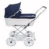 EICHHORN Kinderwagen Weidenkorb - Kinderwagen aus echter Weide, handgeflochten, Korb Weiß, Stoff Marineblau