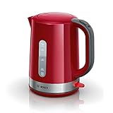 Bosch kabelloser Wasserkocher ComfortLine TWK6A514, Abschaltautomatik, Überhitzungsschutz, entnehmbarer Kalkfilter, 1,7 L, 2200 W, Edelstahl/rot, Deckelverriegelung, beleuchteter Ein-/Ausschalter