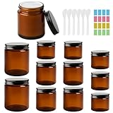 Mispudin Amber Glas Leerdose 60ml/120ml/250ml, 12 Stück Salbentiegel Braunglas mit Deckel, Creme Spatel, Aufkleber, Cremedosen zum Befüllen Glas für Creme, Kosmetik, Lotion, Ätherische Öle