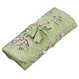 KYEYGWO Stickerei Reise Schmuckrolle mit Blumen und Vogel Stickerei, Chinesischer Schmuck Organizer Tragbare Rollenbeutel Schmucktasche für Halsketten Ring Armband Aufbewahrung, Grün